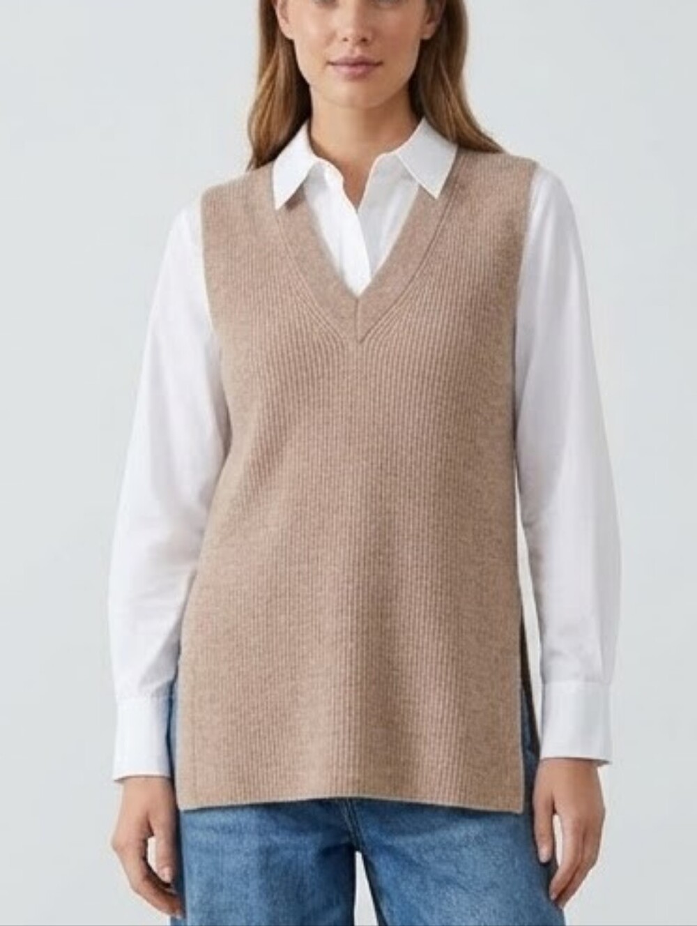 Skull Cashmere Longline Sweater Vest Size Small Camel Ribbed 100% Cashmere